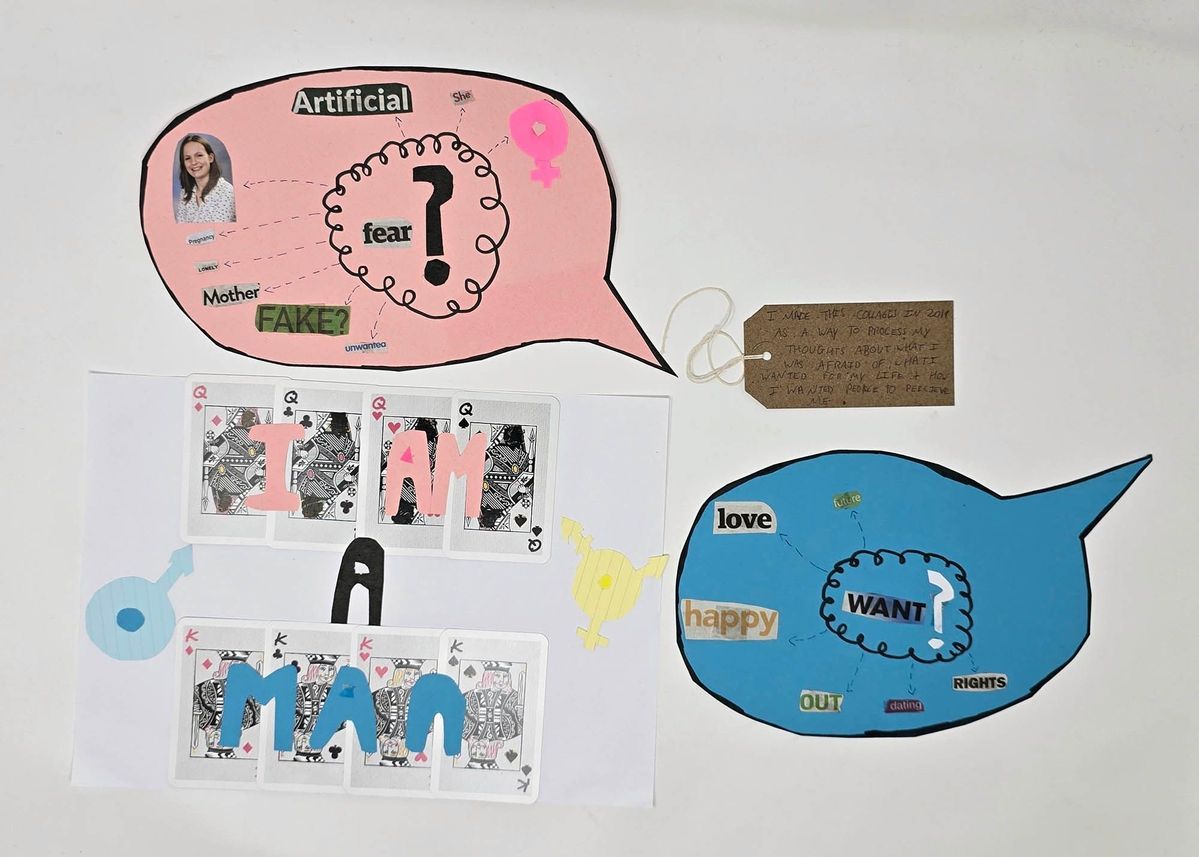 Various pieces of paper which are collages features speech bubbles, playing cards, and keywords.