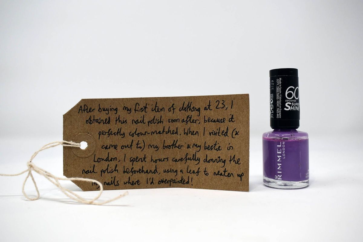 A bottle of Rimmel 60 second shine nail polish (colour: Lovey Dovey), with a brown handwritten luggage tag.