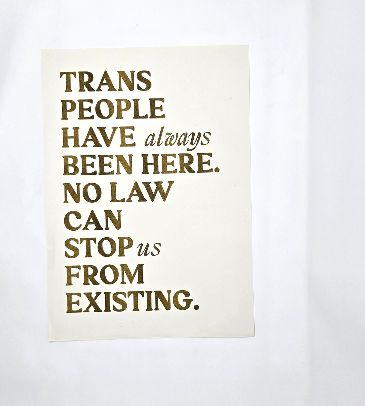 A print which has a white background and gold lettering which says 'Trans People Have Always Been Here. No Law Can Stop Us From Existing'