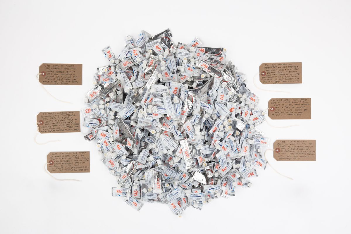 Six handwritten tags by Isaac to accompany the 479 Used Testogel Sachets.