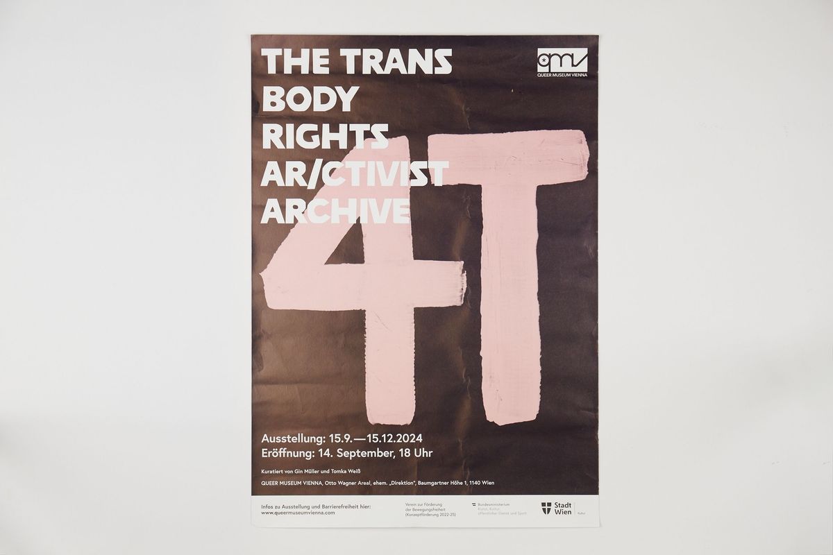 Poster. The background is dark blue and has the letters "4T" in pink. Over the top is the text "THE TRANS BODY RIGHTS AR/CTIVIST ARCHIVE" in white with the Queer Museum Vienna logo on the top right corner. The date and time of the event are in the bottom left corner.