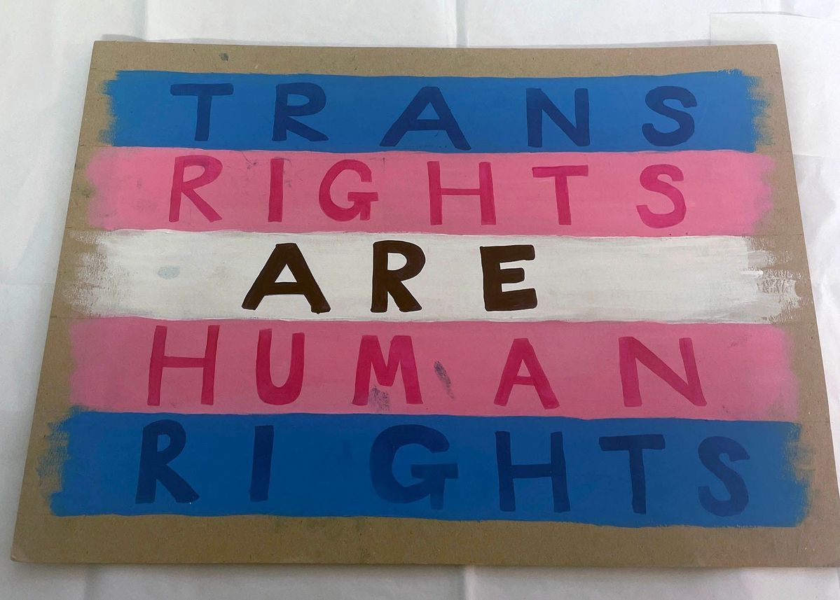 A placard which is made from cardboard and has the trans flag colours painted onto it and the words 'Trans Rights Are Human Rights'.