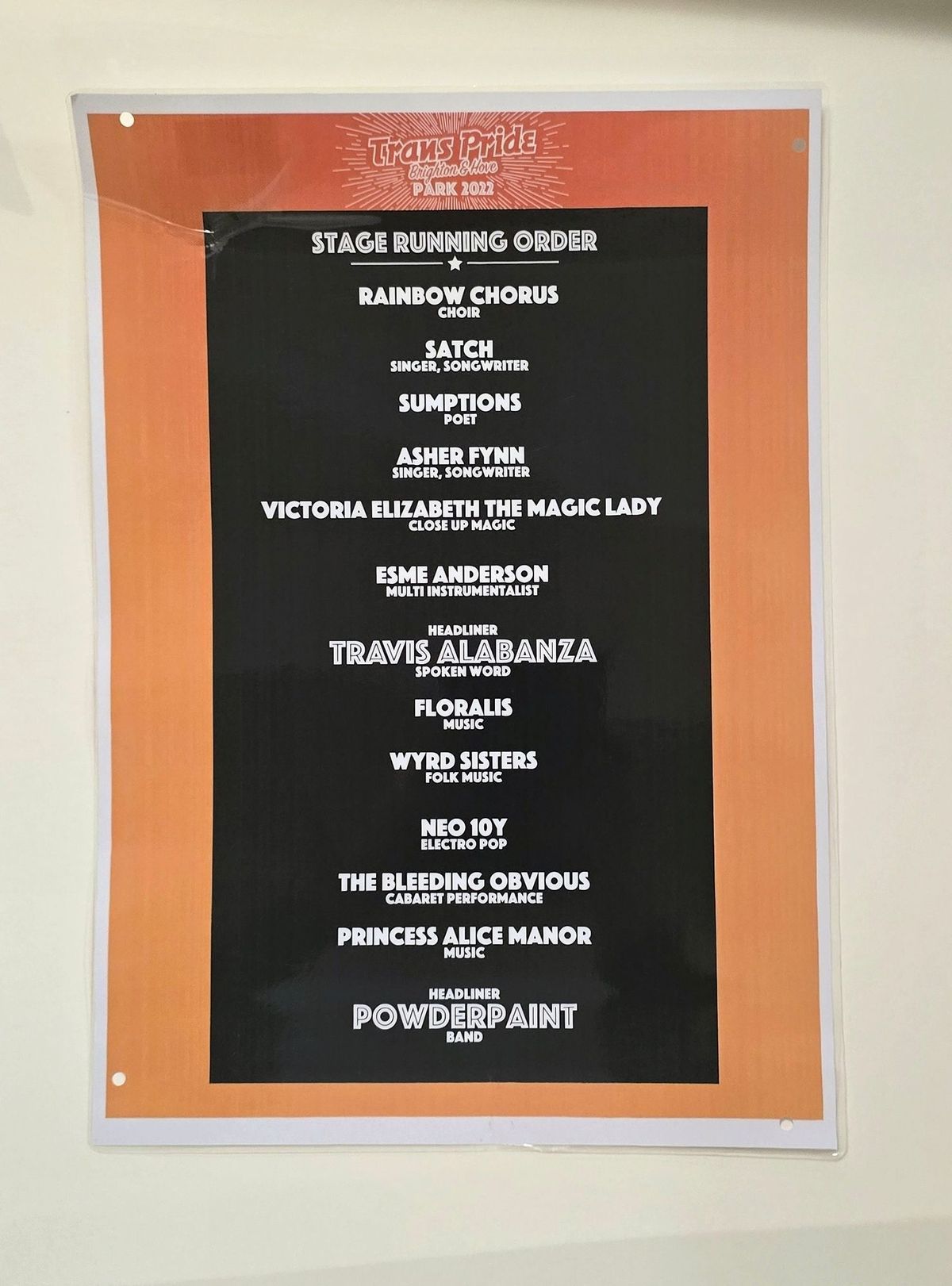 Brighton Trans Pride 2022 stage running order laminated poster.