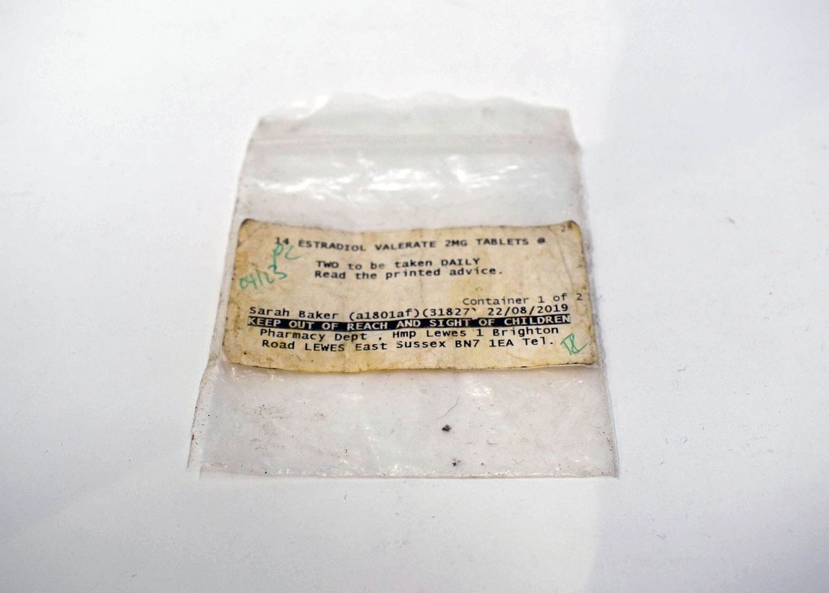 A small, zip-loc baggie with a prescription label for 14 Estradiol Valerate 2mg tablets, prescribed to Sarah Baker.