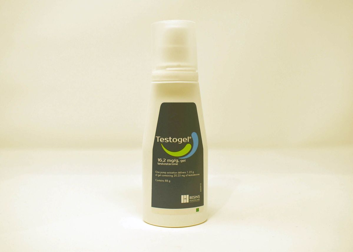 A bottle of Testogel which is white with a blue label.