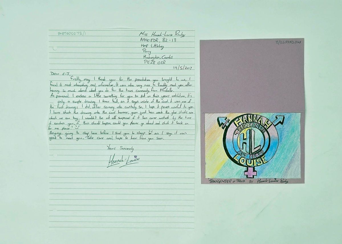 Handwritten letter, hand-drawn card in stamped envelope addressed "FAO E J Scott". 
Card has hand-drawn picture on front "Hannah Louise" on pink card.
Envelope ripped open along top.