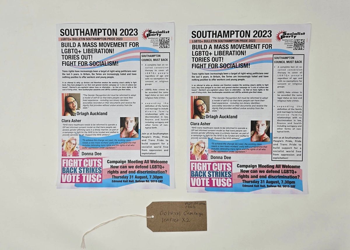 The image shows two political leaflets promoting LGBTQ+ rights and socialism.