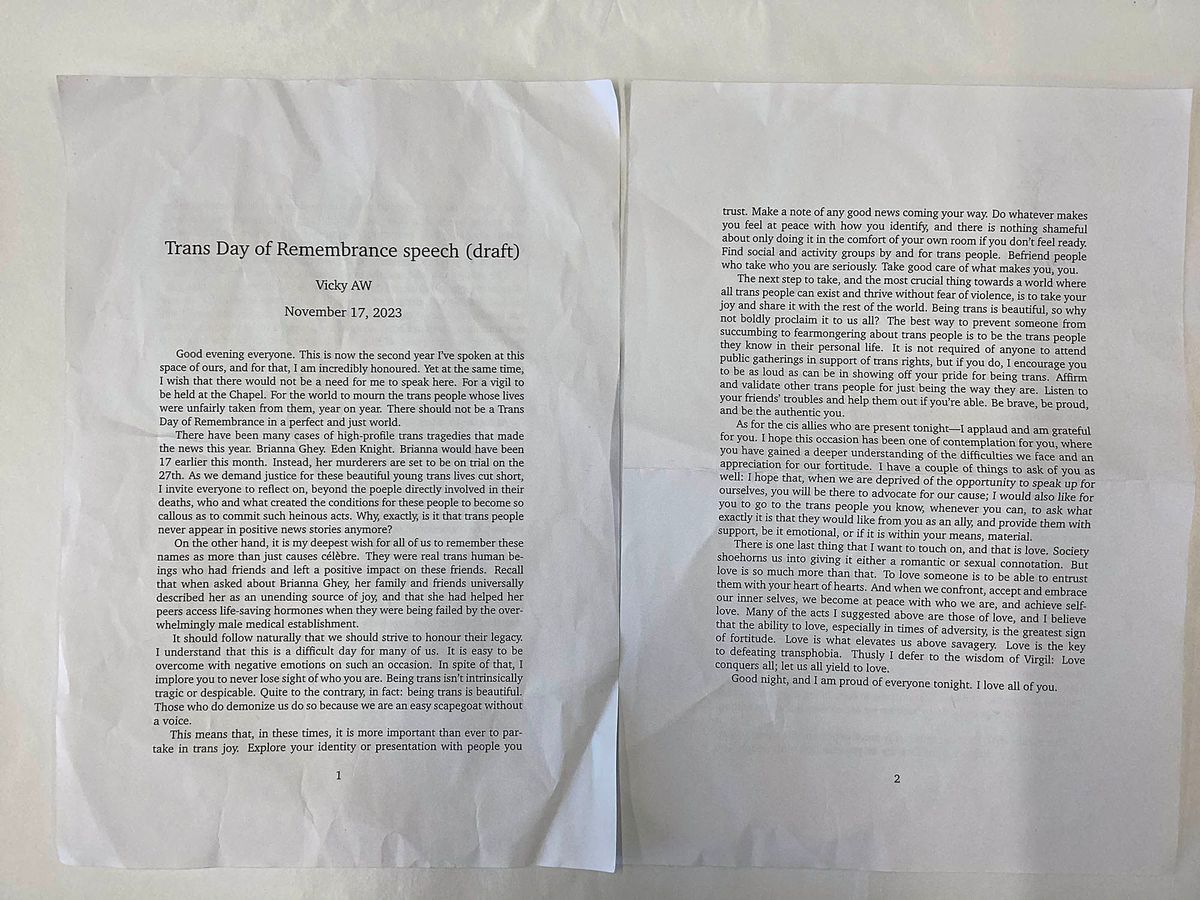 Two typed A4 pages of a draft speech for Transgender Day of Remembrance 2023 by Vicky AW.