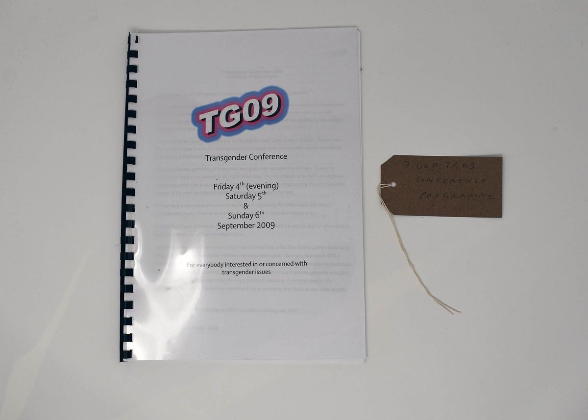 The image shows a conference booklet titled "TG09" with details about a transgender conference.