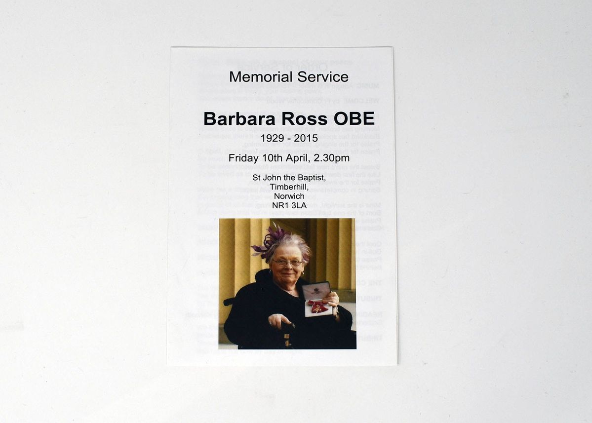 A memorial service flyer commemorates Barbara Ross OBE held on April 10th.