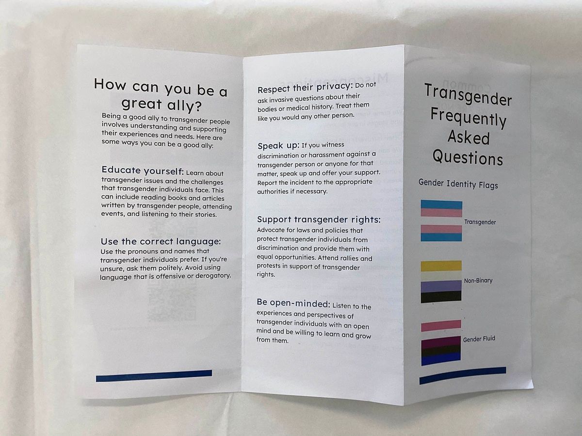 A tri-fold leaflet entitled "Transgender Frequently Asked Questions". It has the trans, non-binary and genderfluid flags on the front cover.
