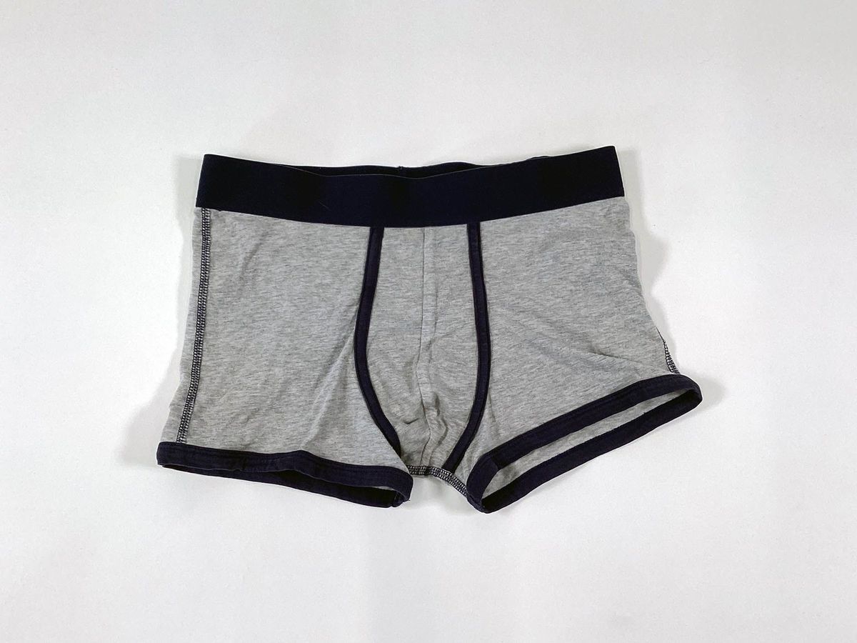 A pair of grey boxer shorts, with blue trim.