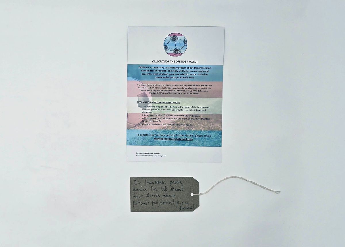 A flyer calling for trans masc people to take part in The Offside Project and give their experiences of football. The background is in the trans pride colours. With a brown, handwritten luggage tag.