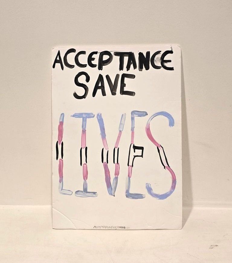 A placard which has a white background and is black says 'Acceptance Saves' and then in trans flag colours 'Lives'.