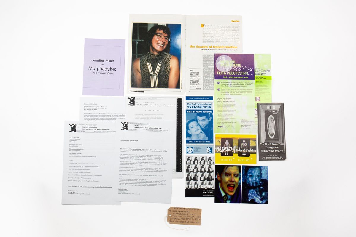 Various letters, photos, flyers and articles regarding the Transgender Film and Video Festivals of 1997, 1998 and 1999. With a brown, handwritten luggage tag.