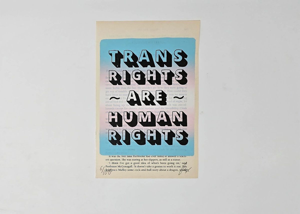 Single page of a Harry Potter book with block text stamped over the top. This text is a blue to pink gradient and reads "TRANS RIGHTS ~ARE~ HUMAN RIGHTS"