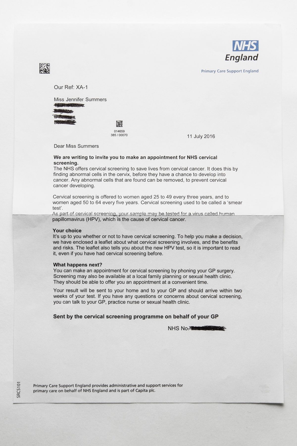 Letters relating to Jennifer Summers; referrals to Gender Identity Clinic, cervical screening invitation, white NHS private & confidential envelope marked "For E-J !!x" Note - white paper, "E. J. some paperwork for you…" Jennifer Summers