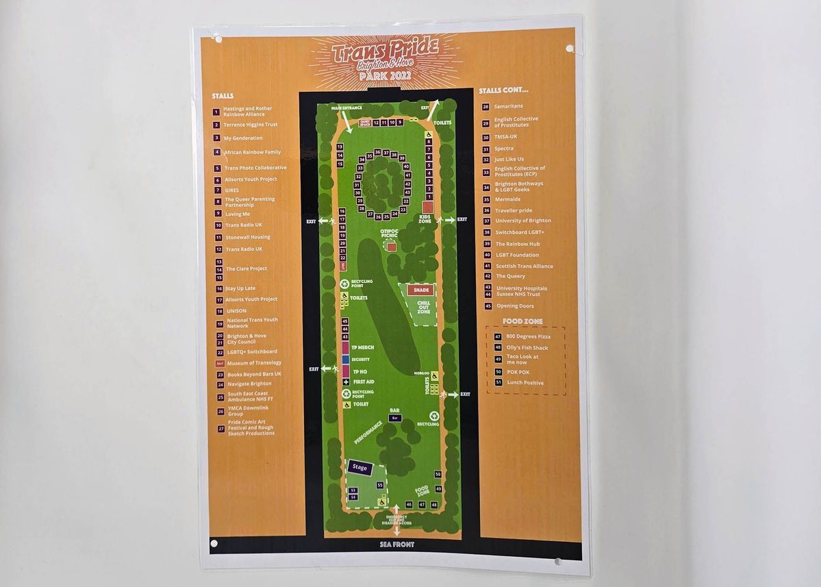 Brighton Trans Pride 2022 site map laminated poster
