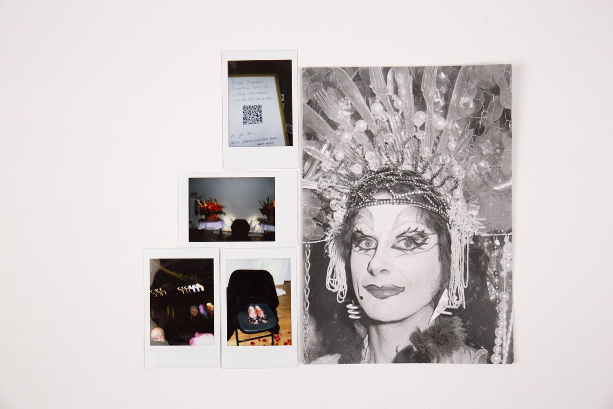 The image features four Polaroids and a black-and-white photo of a person wearing a very fancy looking head dress which is sparkly.