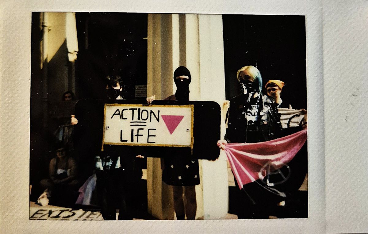 A group of masked individuals hold signs and flags, advocating for "Action = Life".