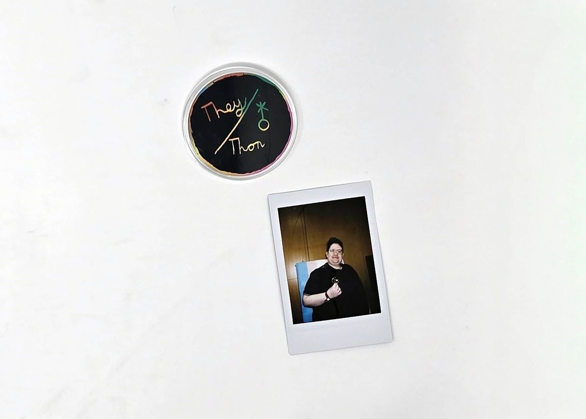 The image displays a round badge with colorful "They/Them" text and a Polaroid