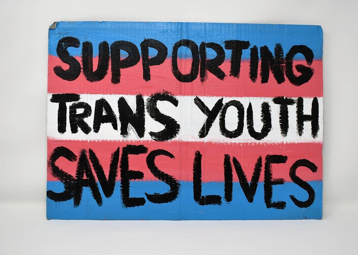 A placard which is painted in trans flag colours of white, pink and blue. Over it has in black paint 'Supporting Trans Youth Saves Lives'.