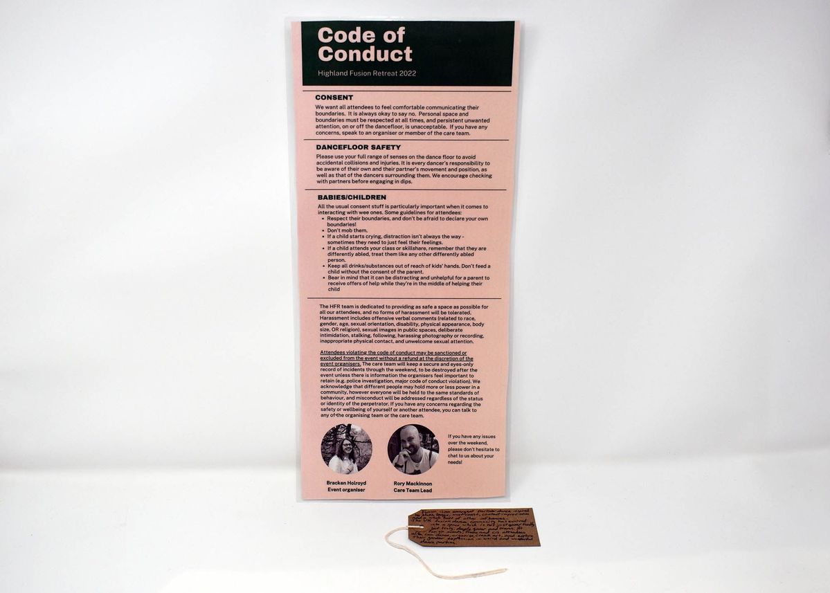 The image shows a code of conduct poster for the Highland Fusion Retreat 2022.