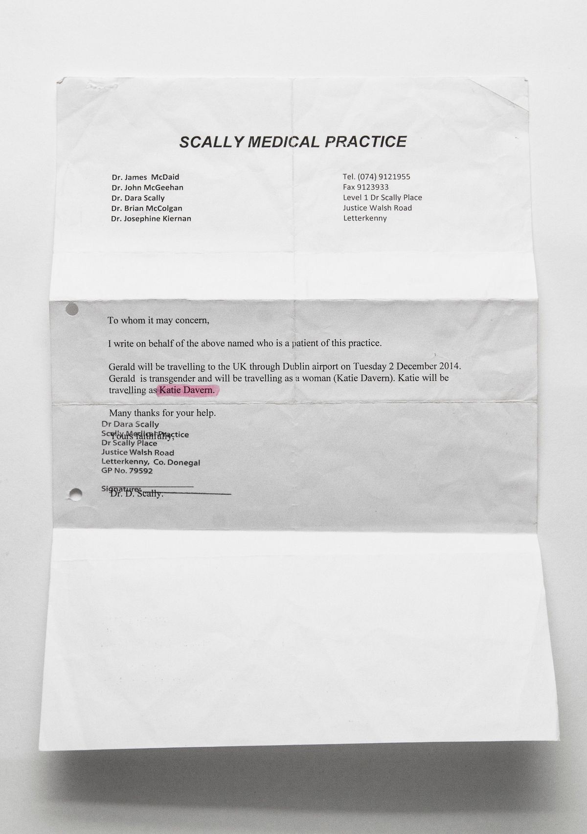 A letter from the Scally Medical Practice informing that Katie Davern will be travelling to the UK.