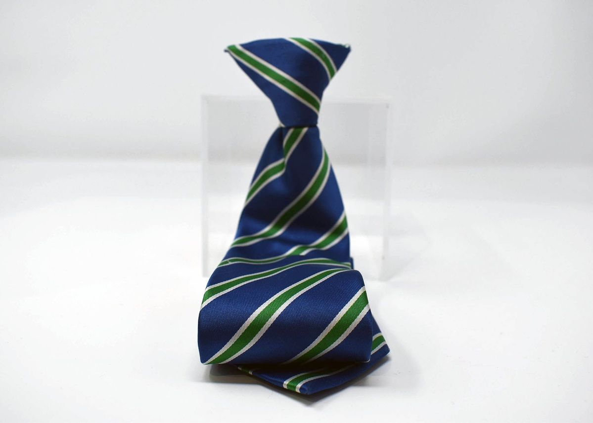 Blue school tie with silver and green stripes.