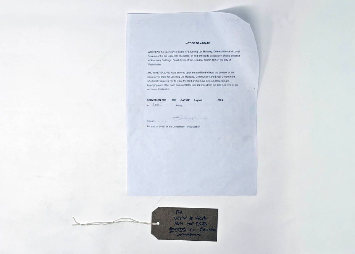 An A4 sheet of paper entitled "NOTICE TO VACATE". It is from the Department for Education to Trans Kids Deserve better.