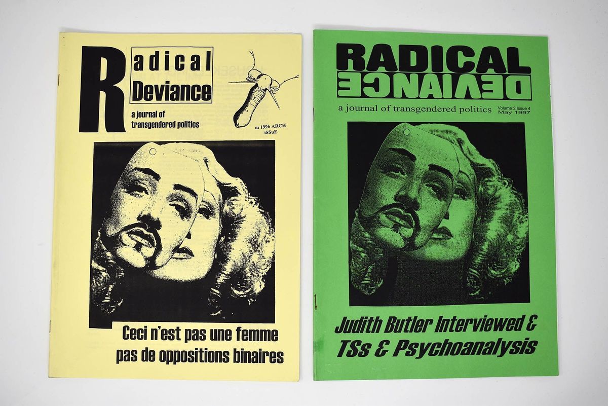 The image shows two "Radical Deviance" journal covers, one is a light yellow and the other green. There is a photograph on each one of a person with curly long blonde hair and a mask in front of them.
