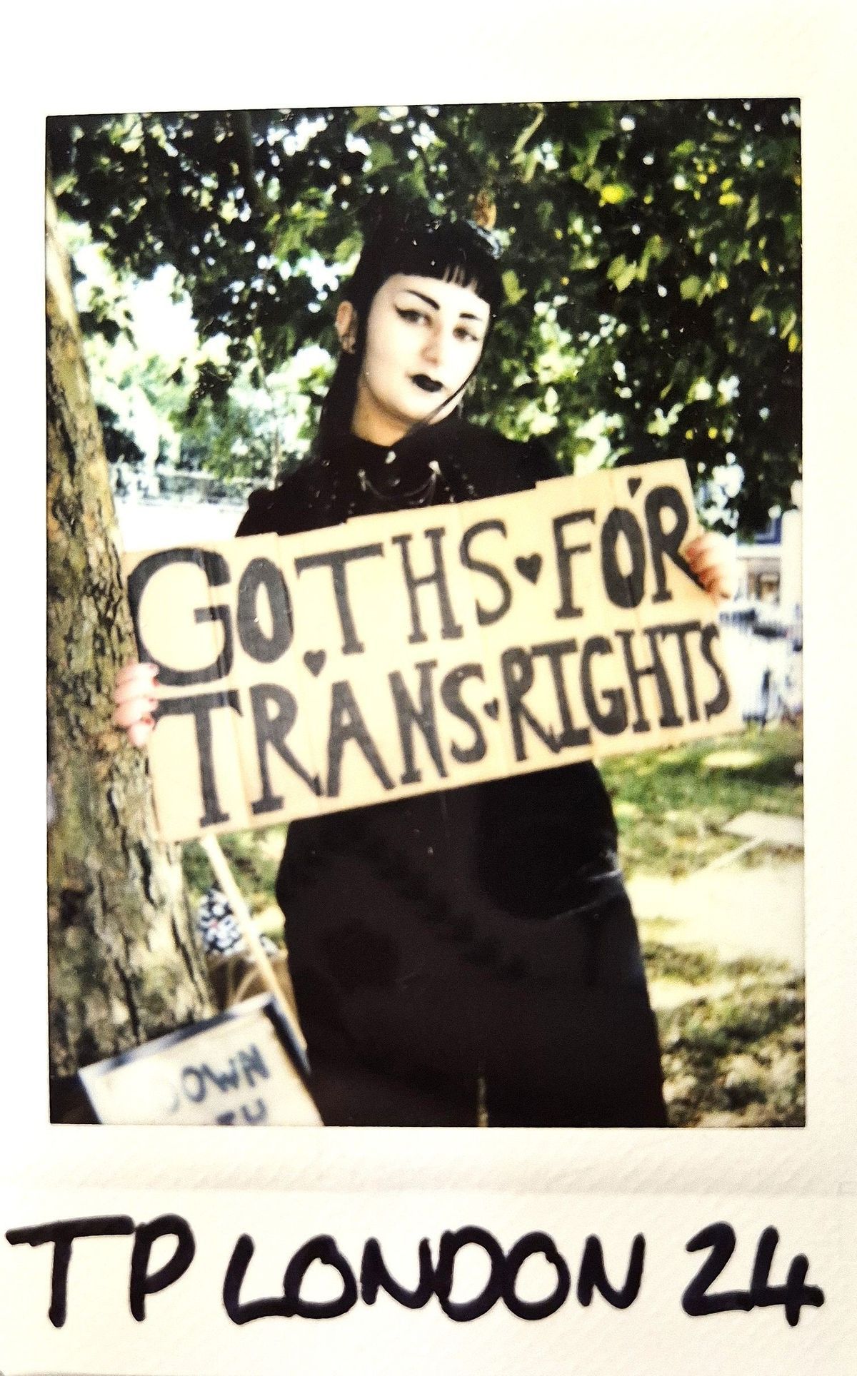 A person stands by a tree holding a sign that says "Goths for Trans Rights" in bold text.