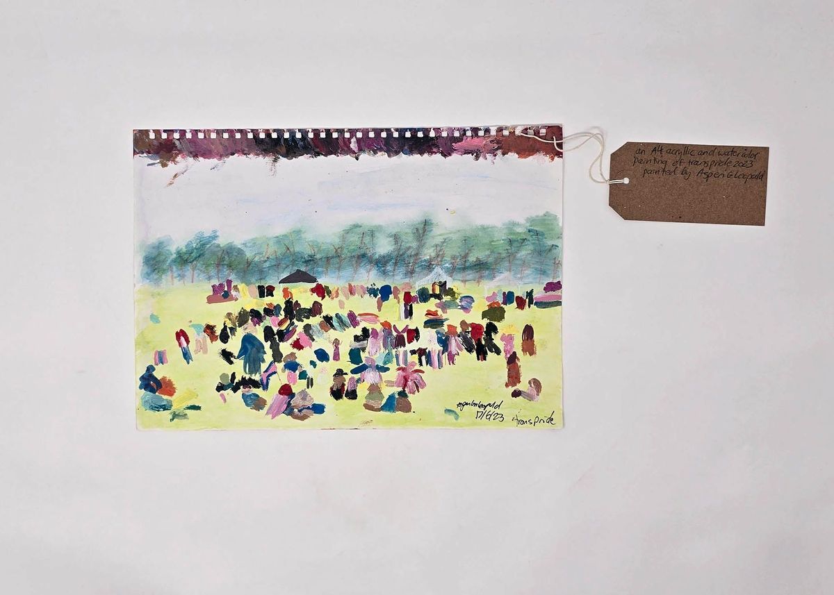 A painting of a beach with lots of people sat on the sand.