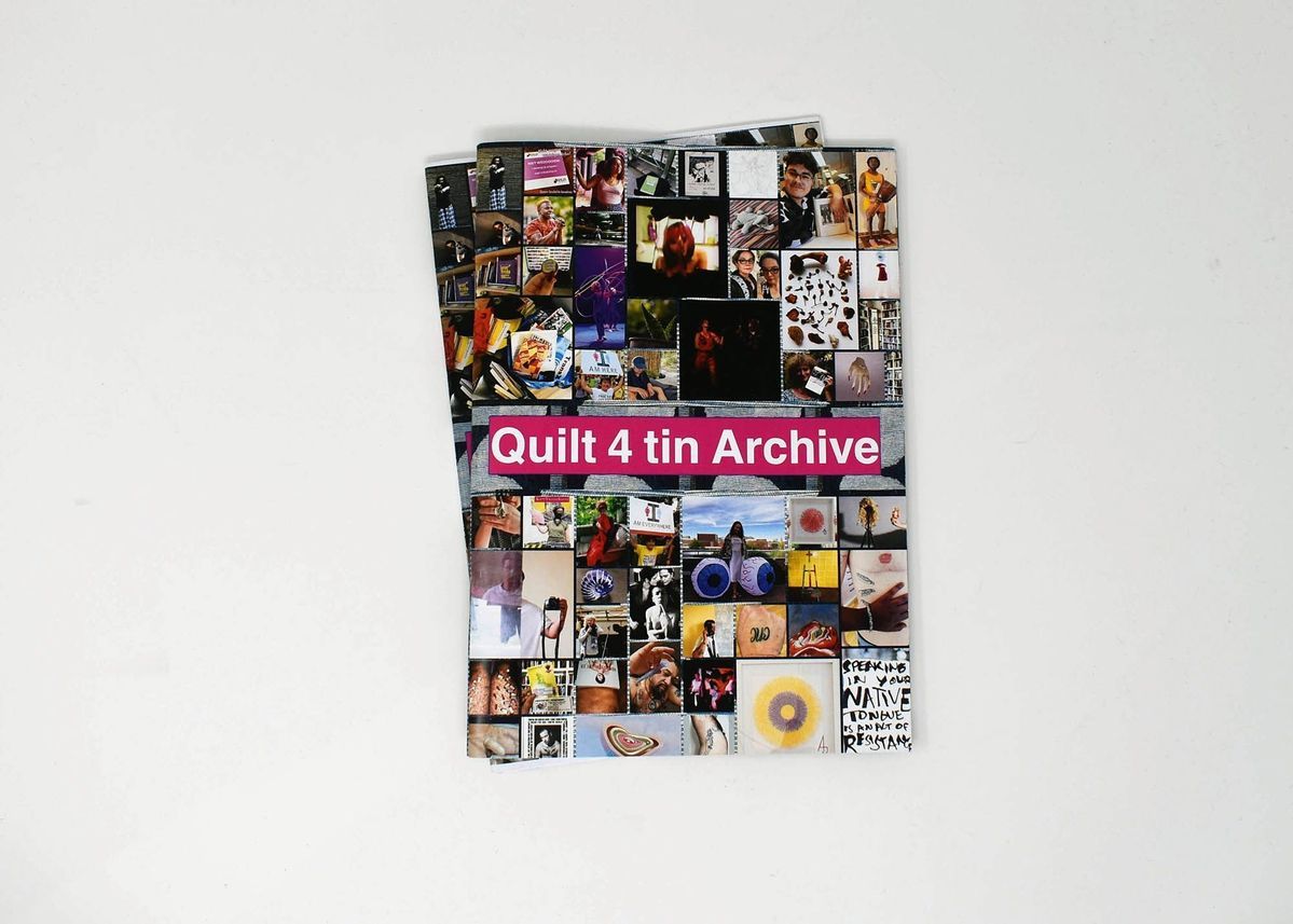 Two identical booklets, whose cover is a collage of many different images. It's title, "Quilt 4 tin Archive" is in white text on a pink background in the center of the cover.