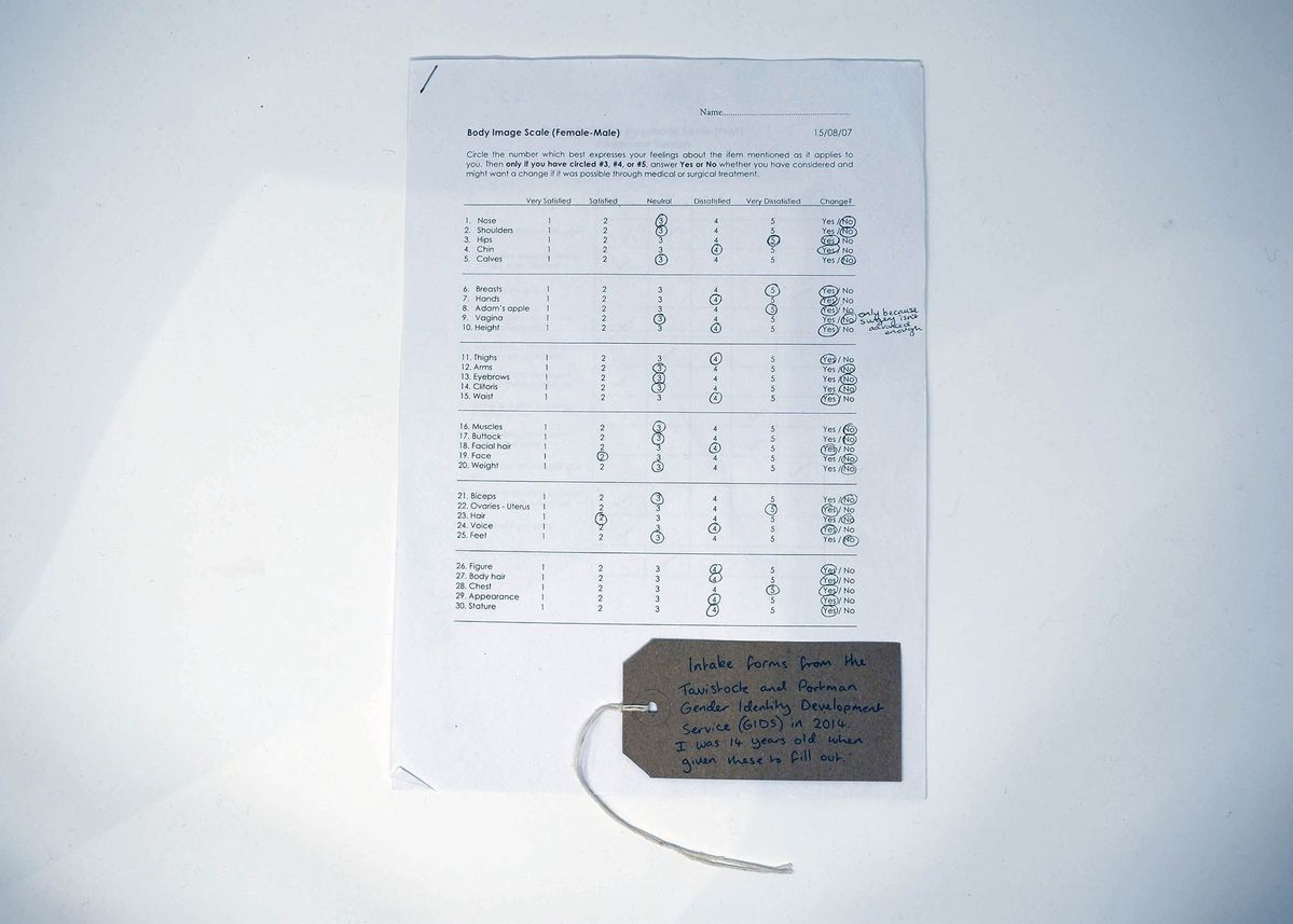 Tavistock & Portman GIDS Intake form titled "Body Image Scale (Female - Male)" and brown, handwritten luggage tag.
