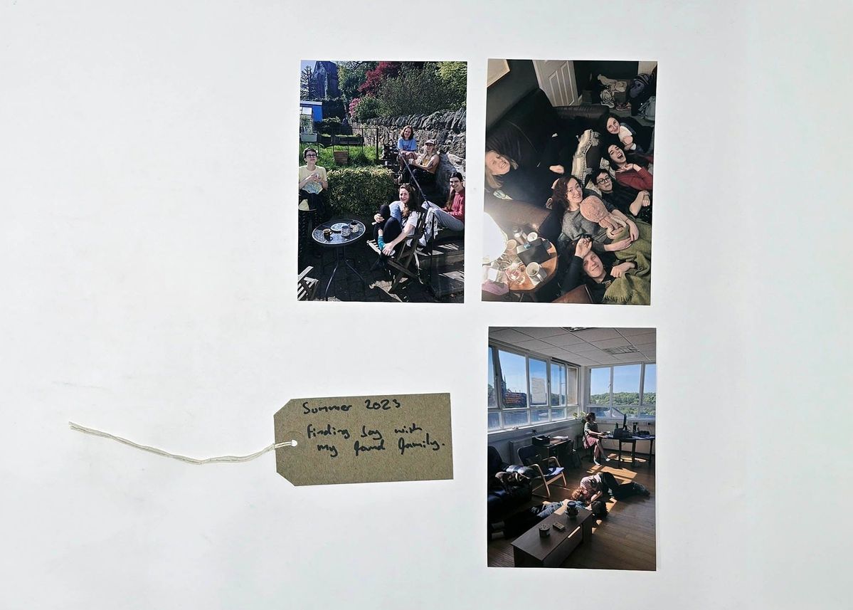 Three photos capture a group enjoying summer 2023, labeled as "found family" moments.