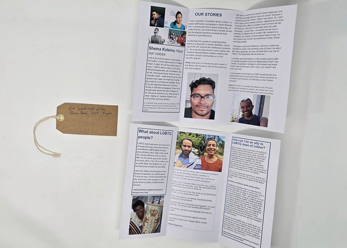Two pages of a leaflet celebrating LGBT Jews of colour. It features pictures of people, their stories and other information. With a brown, handwritten luggage tag.