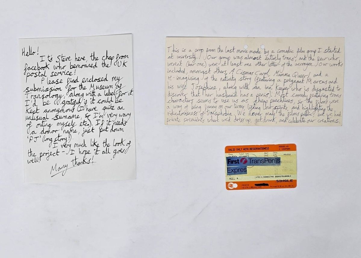 Train ticket & card. Ticket to Hull "single", blue cut out lettering stuck on with cellotape "First transpenis Express".