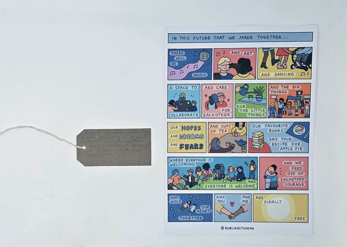 A colourful comic strip highlight importance of community. With a brown, handwritten luggage tag.