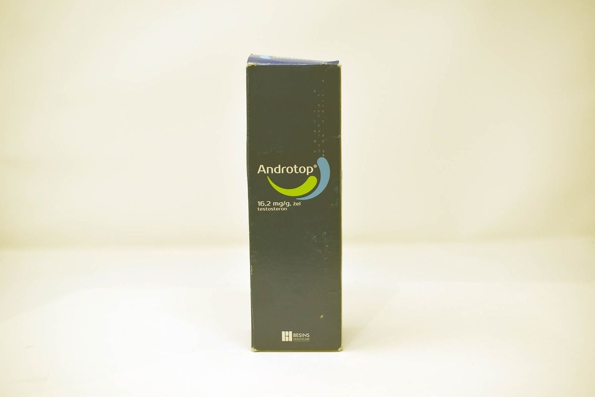 A grey Androtop (Polish Testogel) box featuring a blue and green logo.