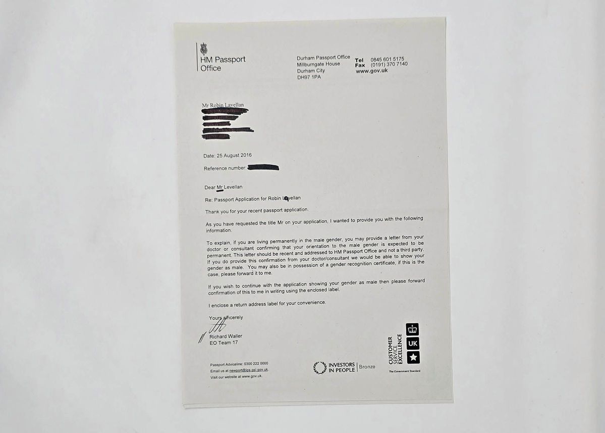 Letter to Mr Robin Lavellan from Durham Passport Office.