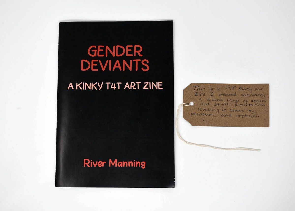 A zine with a black cover and red text entitled "GENDER DEVIANTS A KINKY T4T ART ZINE" by River Manning