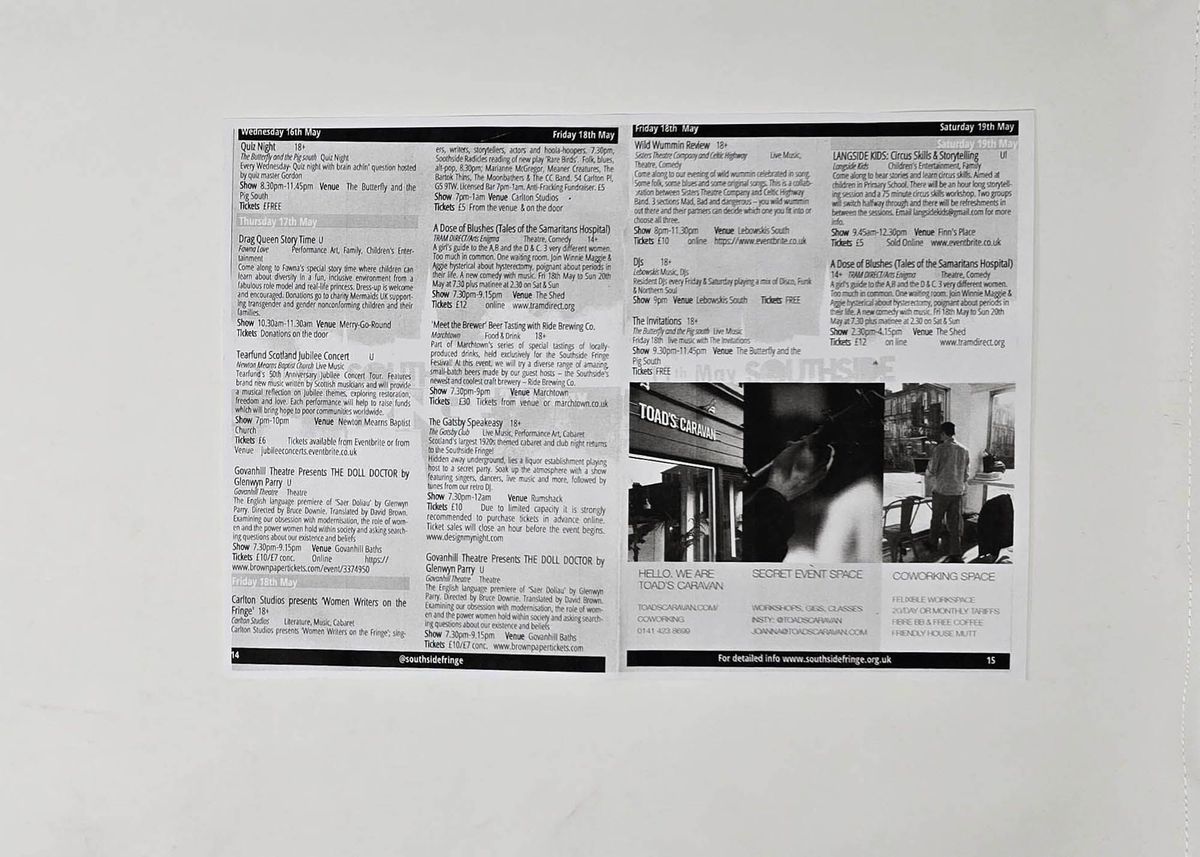 A black and white photocopy of pages of a program of Drag Storytime events.