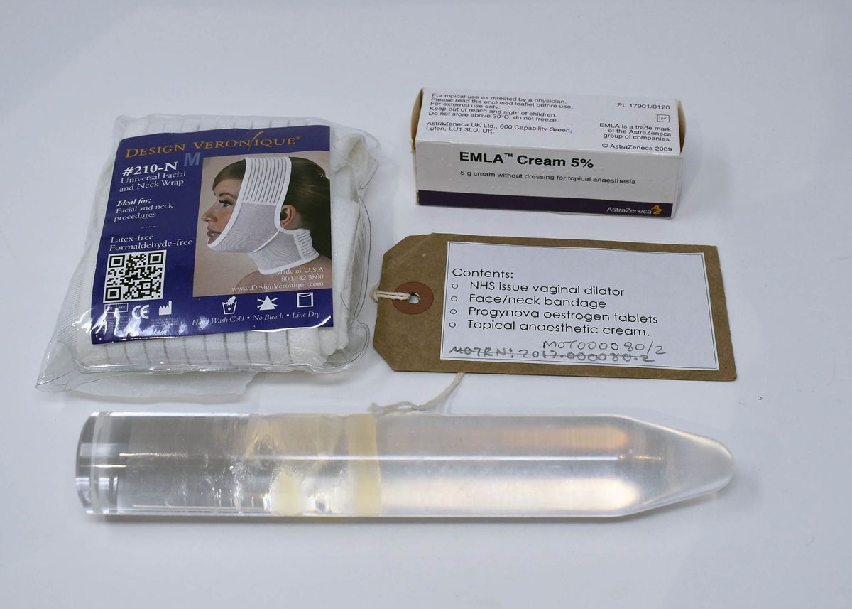 The image shows medical items including a face/neck bandage, dilator, and topical anesthetic.