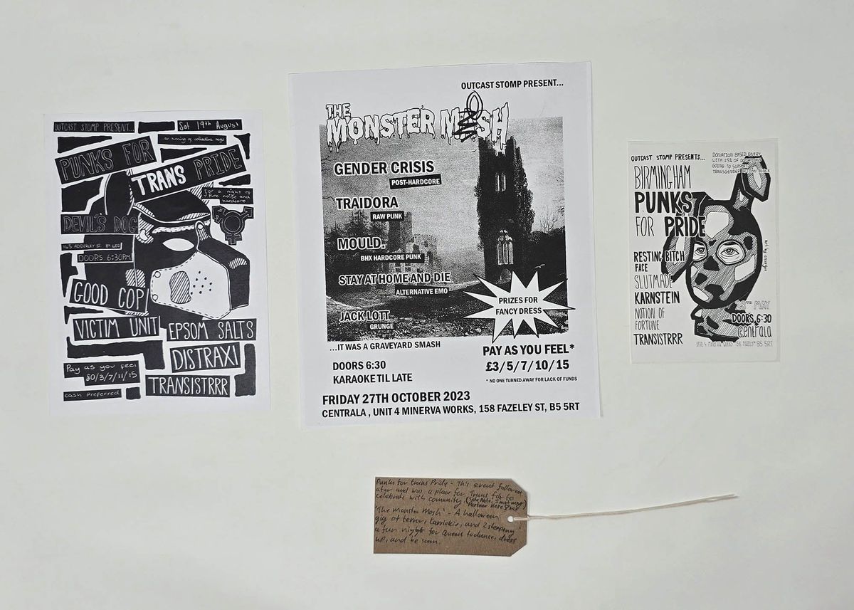 The image shows three black-and-white punk-themed event posters with band names and dates.