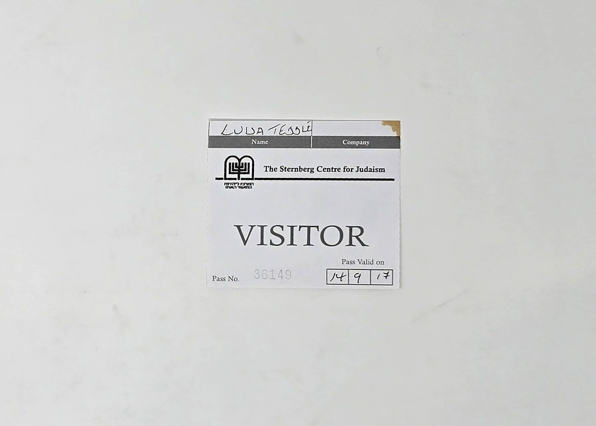 A white Visitor Pass for The Sternberg Centre for Judaism, in the name of Luisa Tebble.