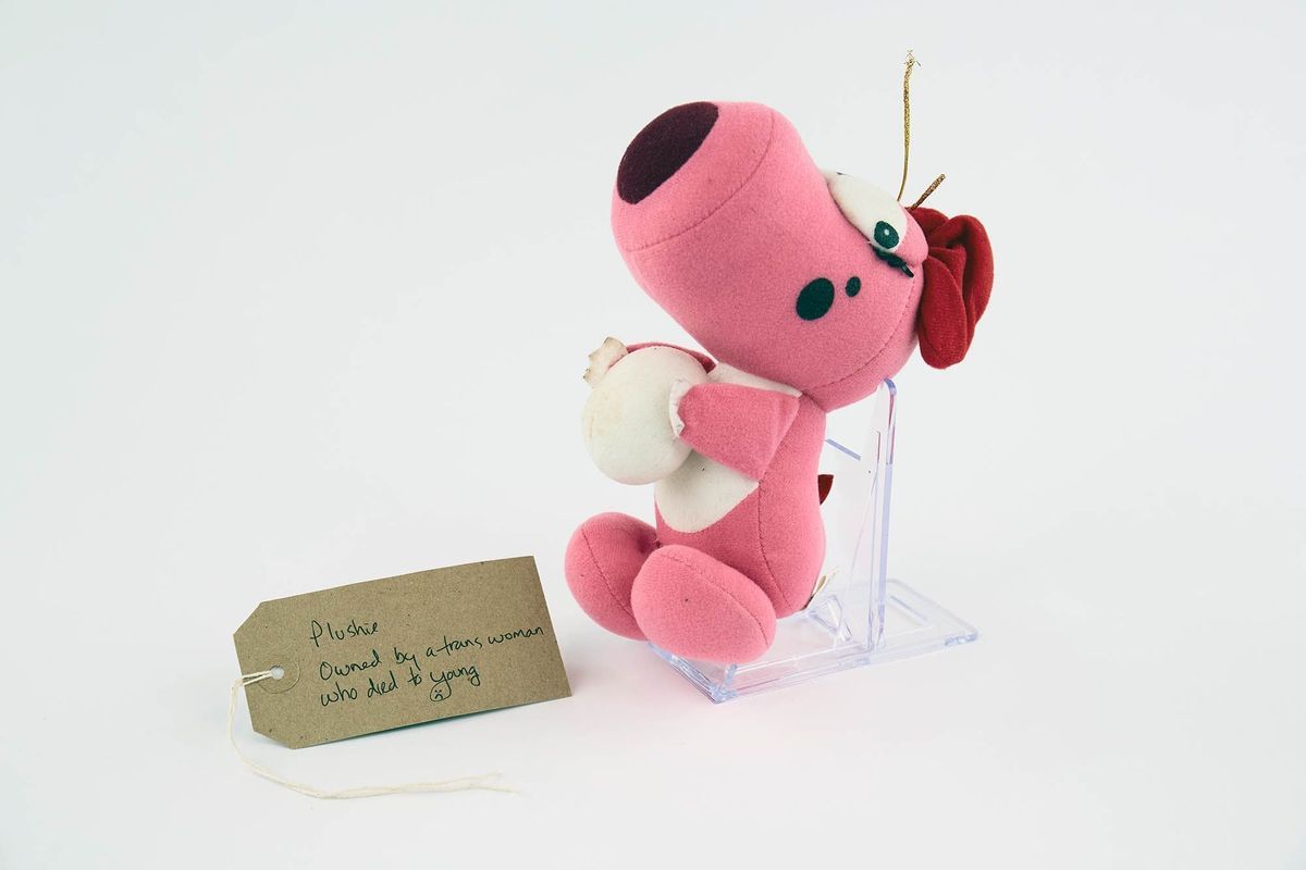 A pink plushie toy of Birdo holding a ball. With a brown, handwritten luggage tag.