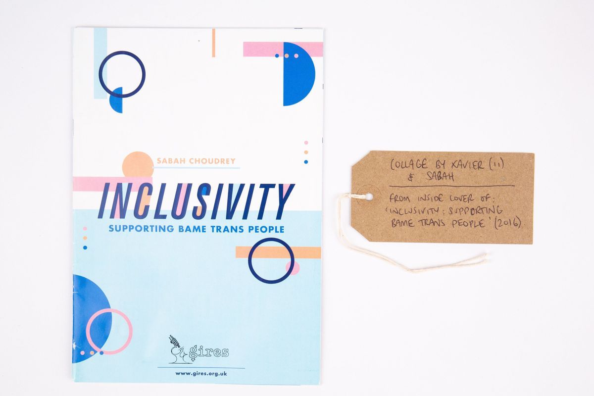 The image shows a booklet titled "Inclusivity," supporting BAME trans people, with a tag.