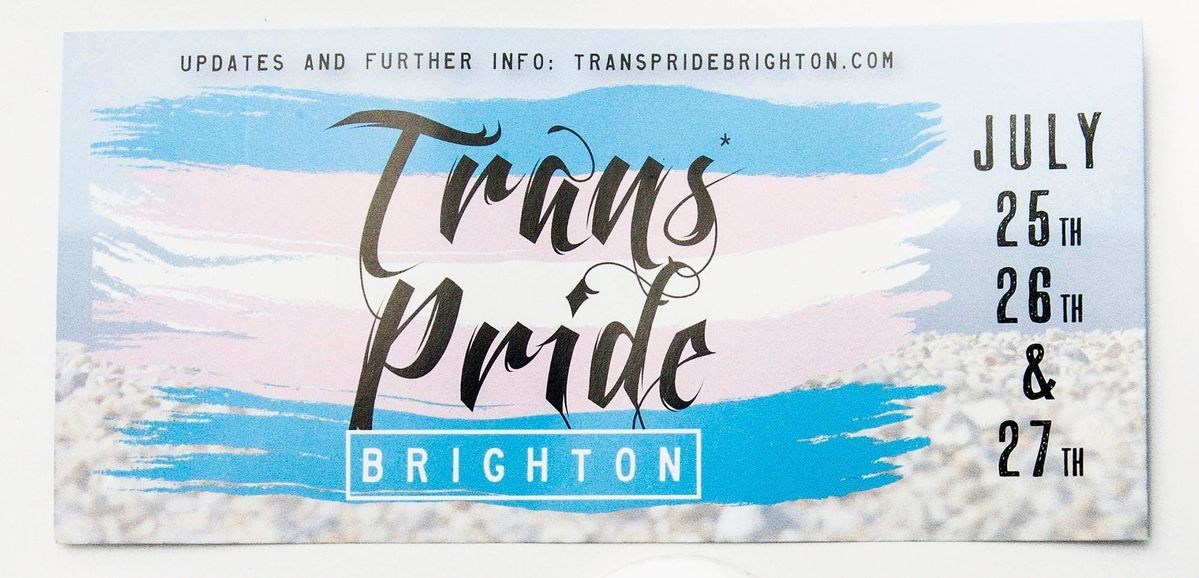 Flyer; front has flag shape pink, blue, white reads "Trans*pride Brighton July 25th, 26th & 27th" Reverse; photo of beach pebbles & sky, info on events July 2014.