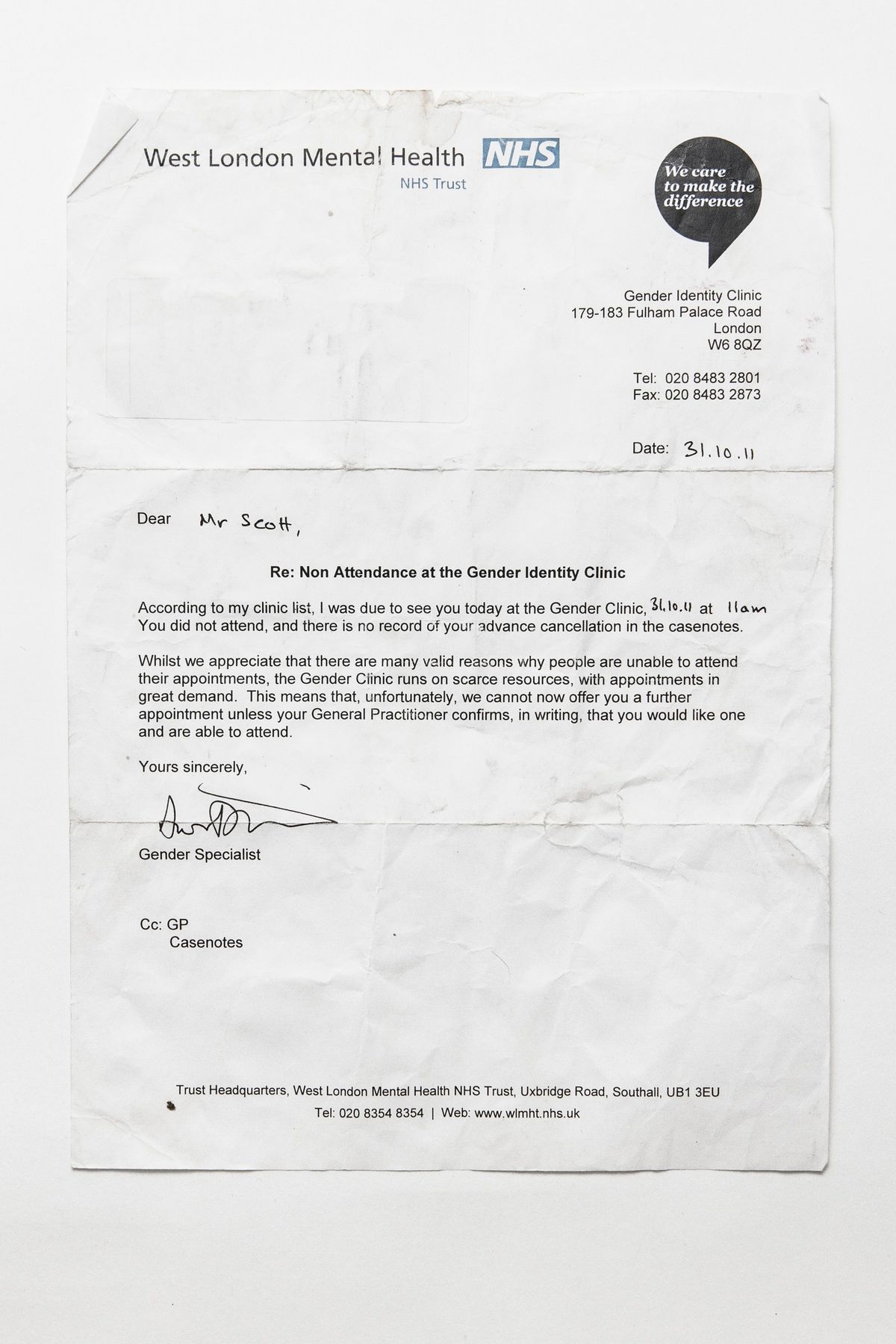 A letter from a gender identity clinic addresses non-attendance and requests confirmation.